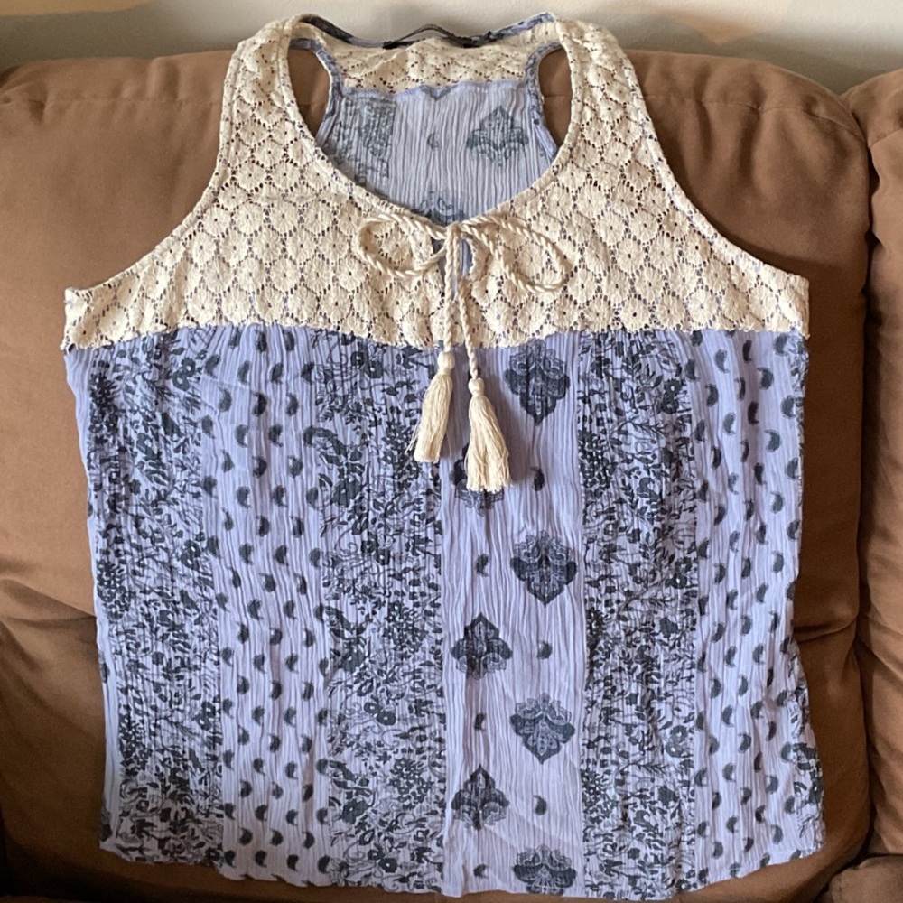 Pretty Lace & Periwinkle Blue Patterned Flowy Racerback Tank Top with front tie